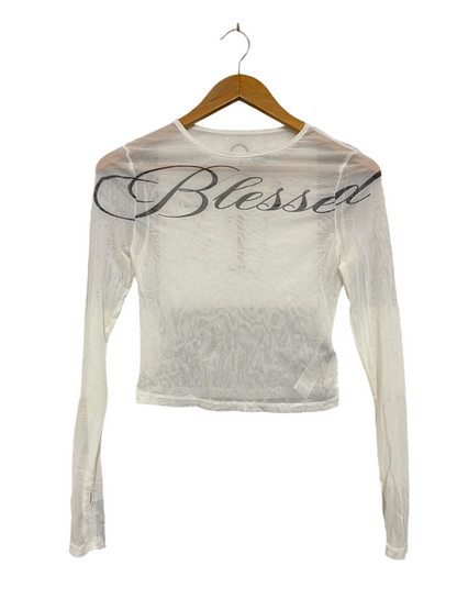 SUMWON |M| BUST 15| A21| WHITE MESH CROP TOP BLESSED SCRIPT LONG SLEEVE SHEER Y2K SHIRT