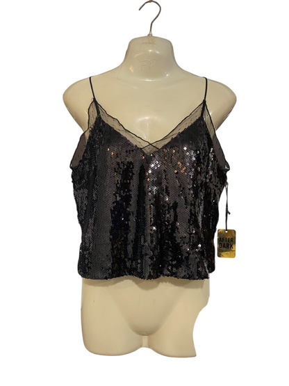 FOREVER 21 |S| BUST 17| A21| DARK COLLECTION WOMEN BLACK SEQUIN CAMI TOP SPAGHETTI STRAP GLAM SHIRT