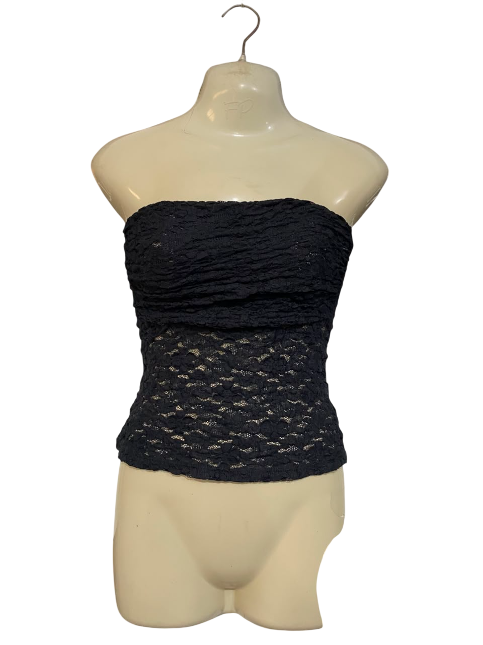 SUPRE |XS| BUST 15| A21| BLACK LACE BANDEAU TOP STRAPLESS CORSET STYLE CROP TUBE TOP
