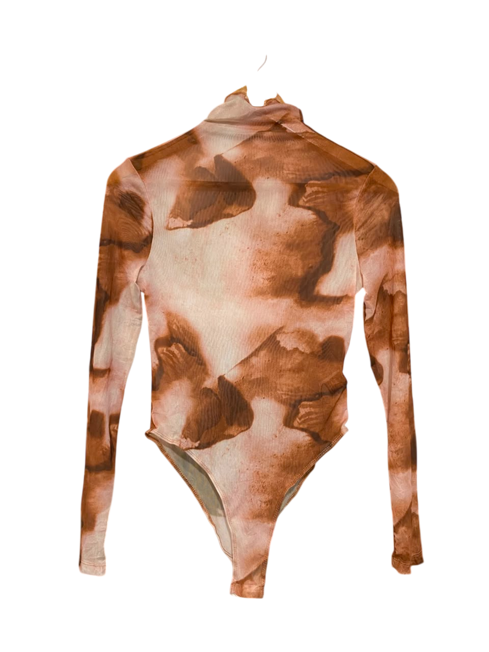 SHEIN |M| BUST 15| A21| ABSTRACT PRINT MESH BODYSUIT TURTLENECK LONG SLEEVE BROWN BEIGE TOP