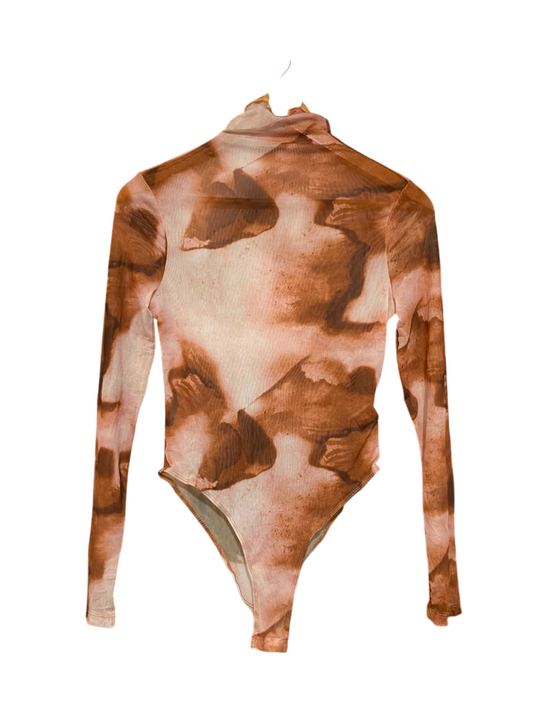 SHEIN |M| BUST 15| A21| ABSTRACT PRINT MESH BODYSUIT TURTLENECK LONG SLEEVE BROWN BEIGE TOP