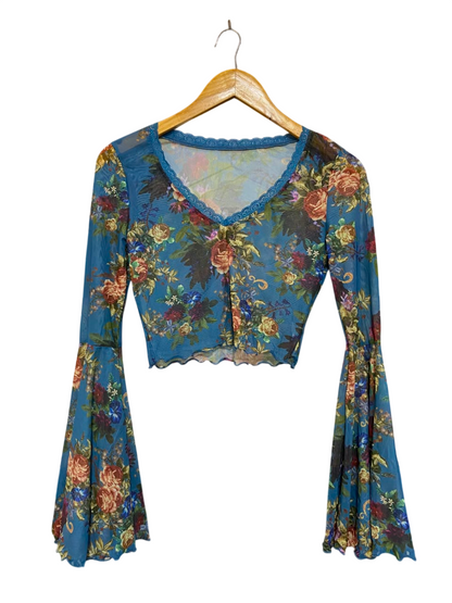 SHEIN |S| BUST 15| A21| BLUE FLORAL MESH CROP TOP V-NECK BELL SLEEVE SHEER BOHO SHIRT VINTAGE VIBE