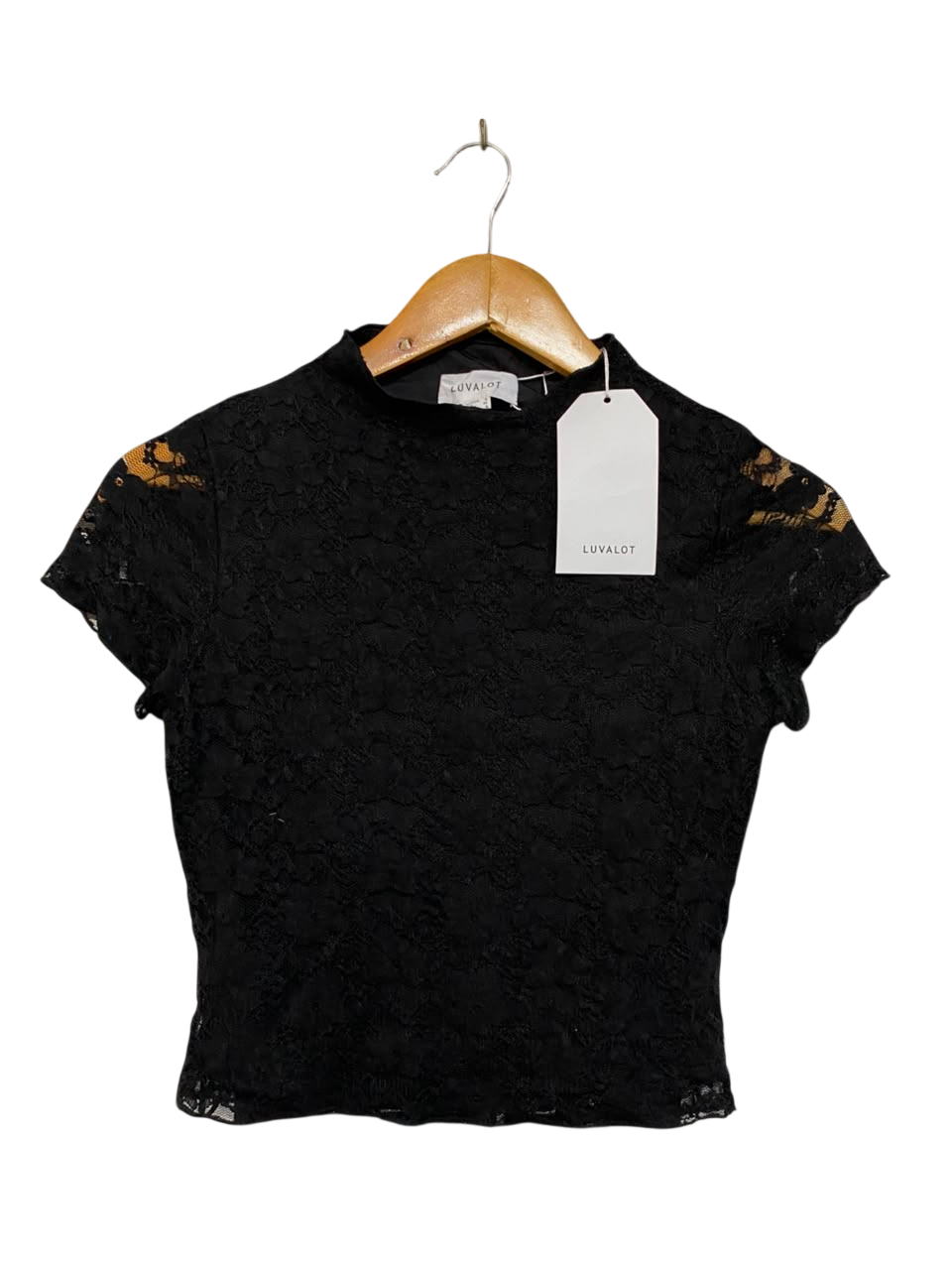 LUVALOT |S| BUST 14| A21| BLACK LACE SHORT SLEEVE TOP MOCK NECK ELEGANT BLOUSE