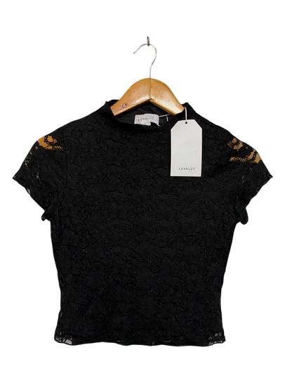 LUVALOT |S| BUST 14| A21| BLACK LACE SHORT SLEEVE TOP MOCK NECK ELEGANT BLOUSE