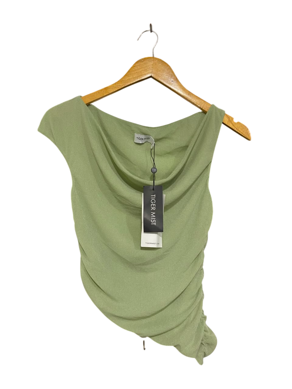 TIGER MIST |S| BUST 14| A21| SAGE GREEN COWL NECK TOP RUCHED ASYMMETRIC HEM
