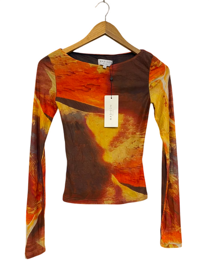 MADISON |S| BUST 13| A21| ABSTRACT PRINT LONG SLEEVE TOP ORANGE RED MESH SHIRT