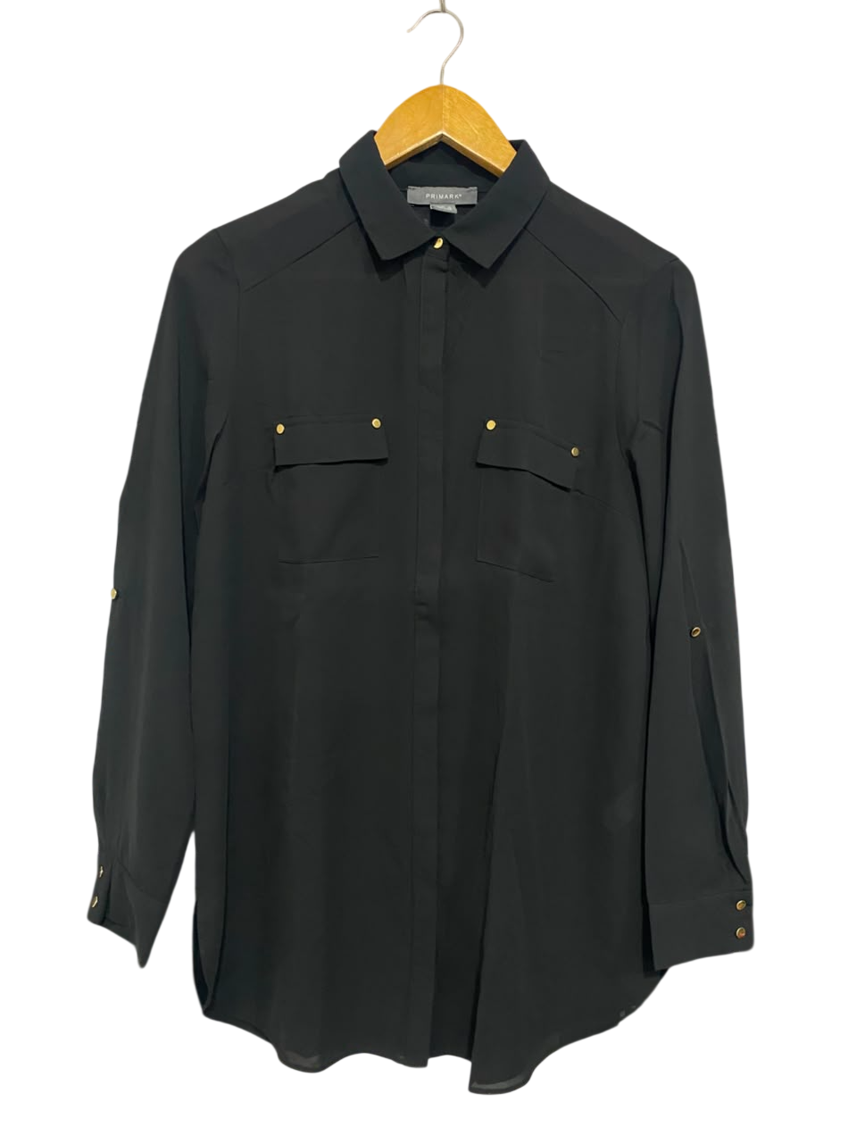PRIMARK |M| BUST 20| A21| BLACK BUTTON DOWN SHIRT LONG SLEEVE GOLD STUD POCKET TUNIC TOP
