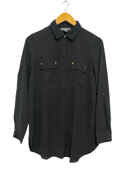 PRIMARK |M| BUST 20| A21| BLACK BUTTON DOWN SHIRT LONG SLEEVE GOLD STUD POCKET TUNIC TOP