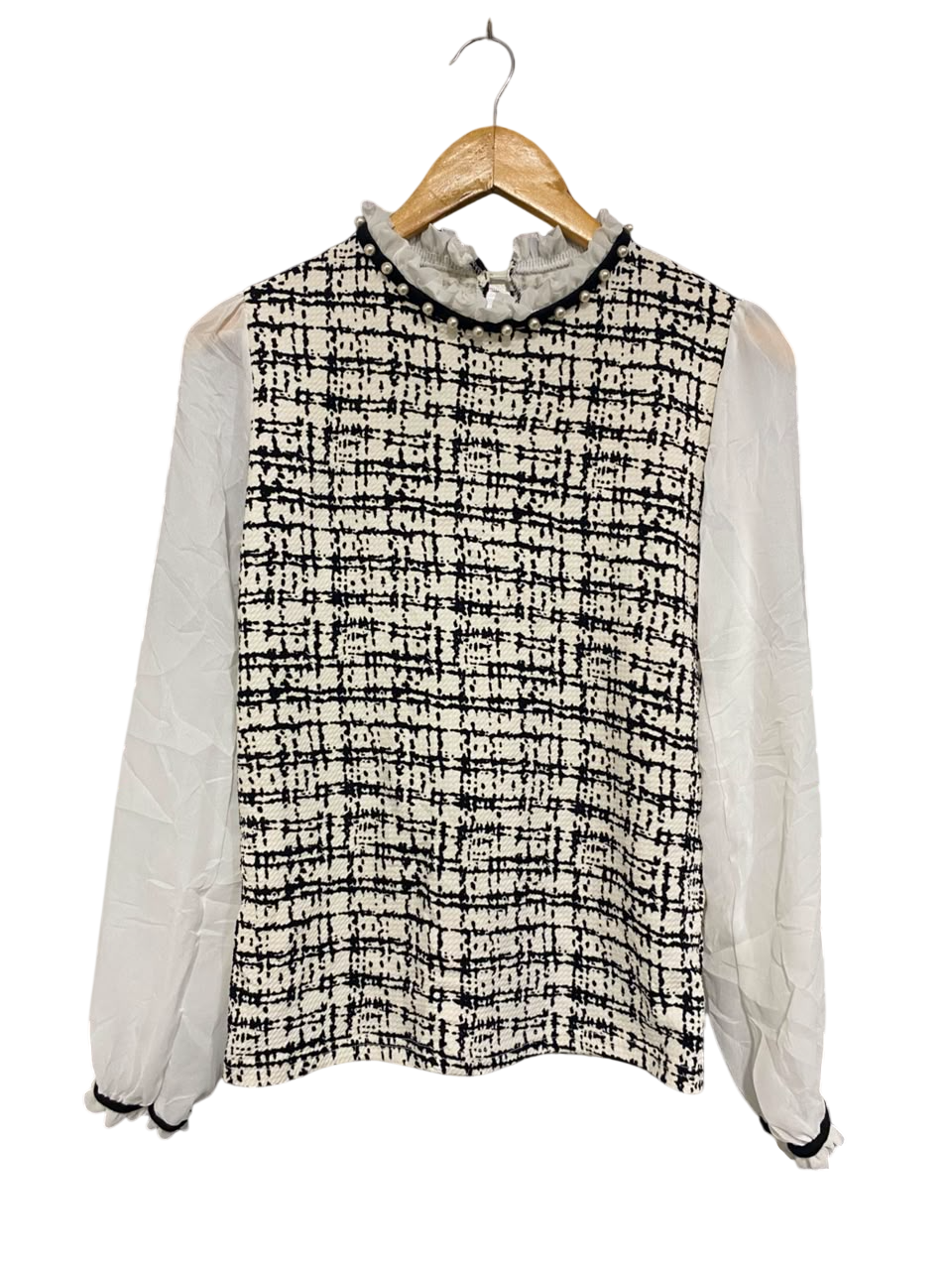 O Z |S| BUST 16| A21| BLACK AND WHITE TWEED BLOUSE PEARL BEADED RUFFLE NECK LONG SLEEVE TOP ELEGANT