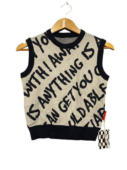 |S| BUST 16| A21| KNIT SWEATER VEST BLACK BEIGE STATEMENT SLOGAN TOP