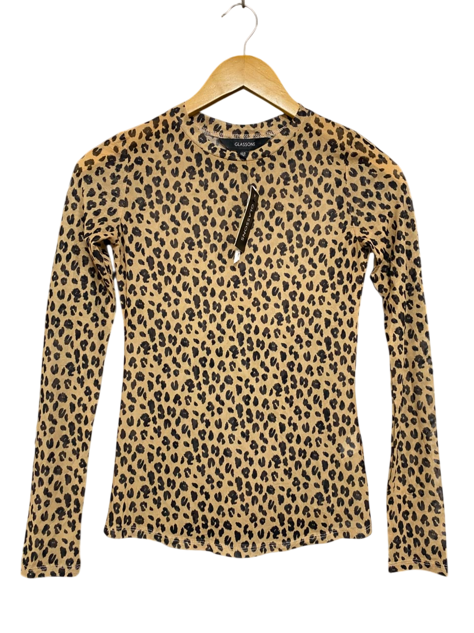 GLASSON |XS| BUST 14| A21| LEOPARD PRINT MESH LONG SLEEVE TOP SHEER ANIMAL PRINT SHIRT