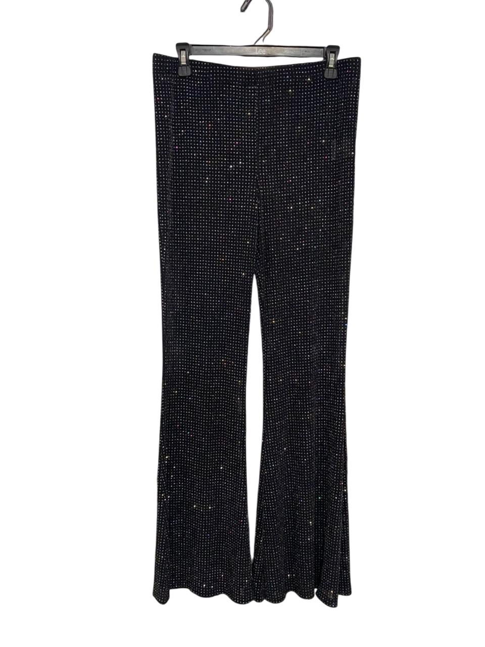 LUCK & TROUBLE |L| BUST 30| A21| BLACK RHINESTONE SPARKLY FLARE PANTS HIGH WAIST GLITTER PARTY TROUSERS