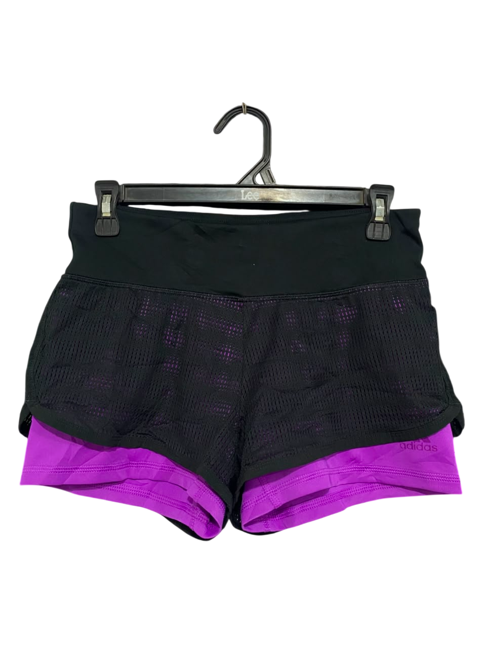 ADIDAS |XS| WAIST 28| A21| WOMEN 2-IN-1 ATHLETIC SHORTS BLACK PURPLE MESH GYM RUNNING ACTIVEWEAR