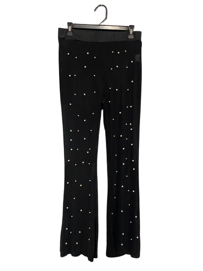 |L| WAIST 29| A21| BLACK MESH FLARE PANTS WITH ALL-OVER FAUX PEARL EMBELLISHMENTS HIGH WAISTED TROUSERS