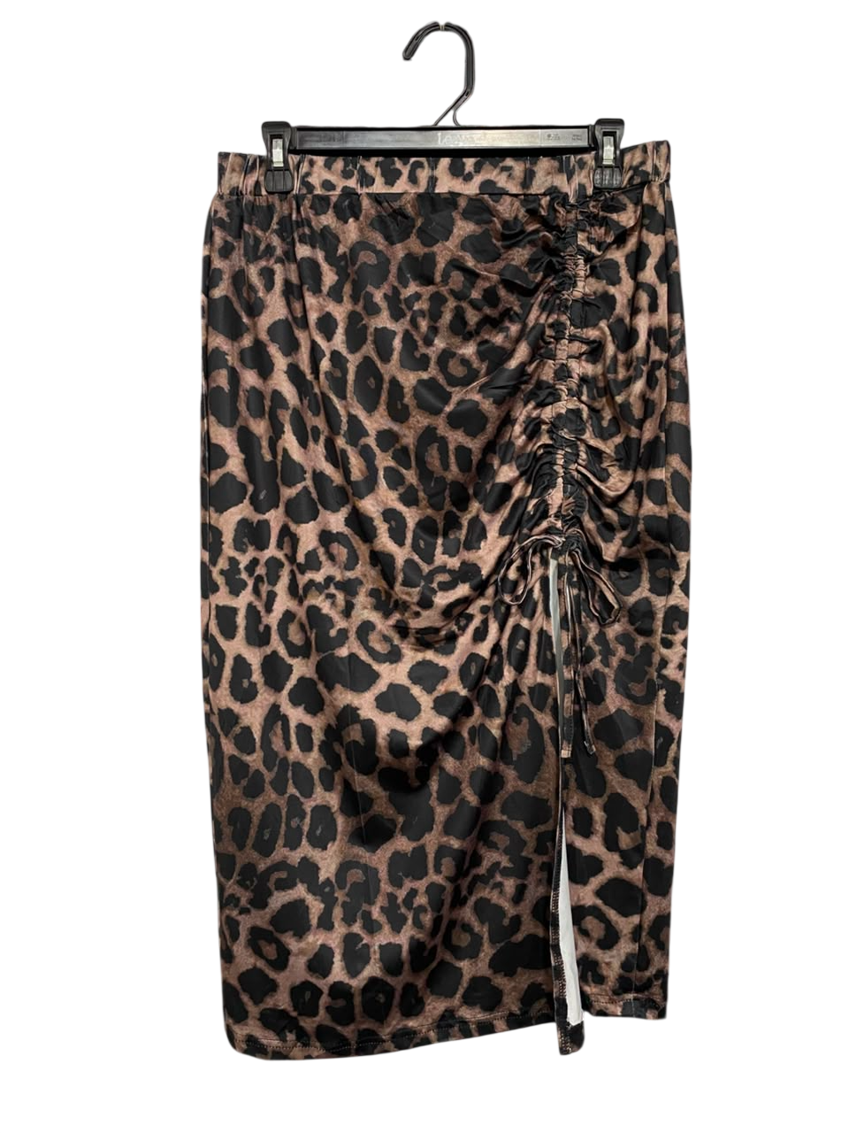 SHEIN CURVE |XL| WAIST 28| A21| BROWN LEOPARD PRINT MIDI SKIRT WITH SIDE RUCHED DRAWSTRING AND SLIT