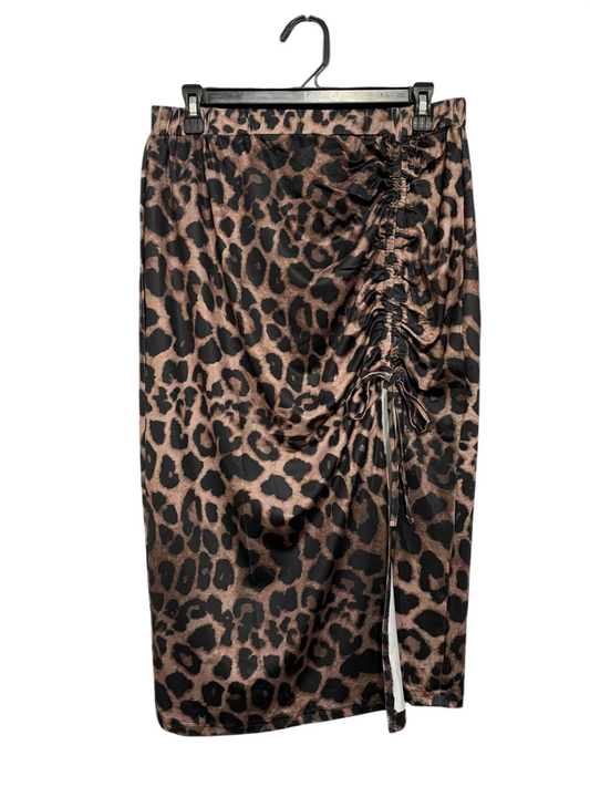 SHEIN CURVE |XL| WAIST 28| A21| BROWN LEOPARD PRINT MIDI SKIRT WITH SIDE RUCHED DRAWSTRING AND SLIT