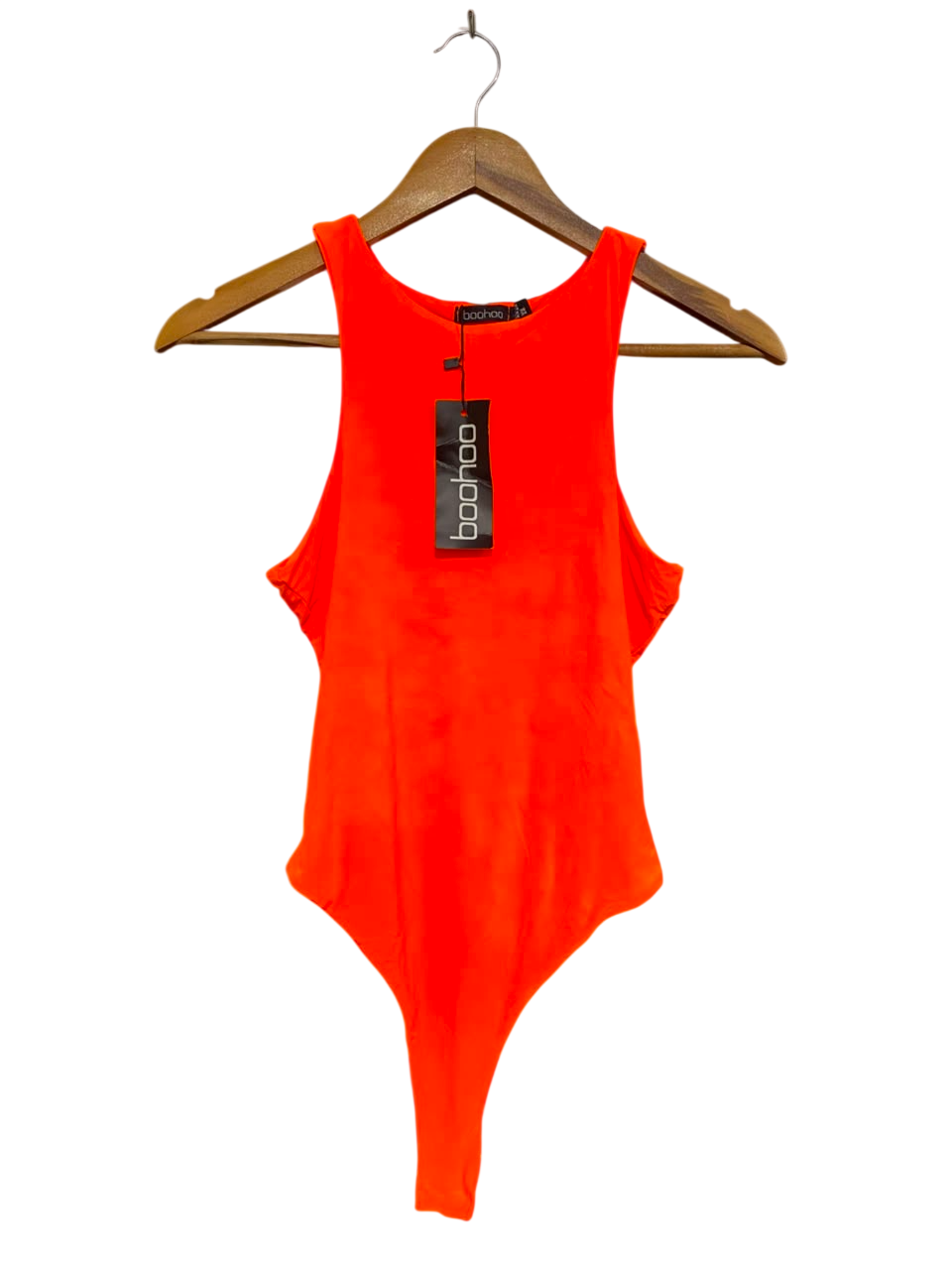 BOOHOO |S| BUST 14| A21| NEON ORANGE RACERBACK BODYSUIT THONG CUT SLEEVELESS TOP