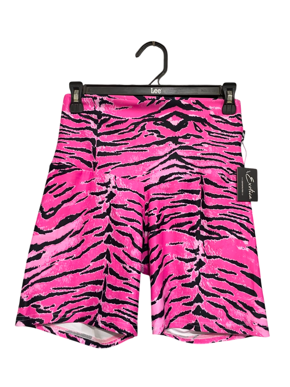 EXOTICA |S| WAIST 26| A21| PINK AND BLACK TIGER STRIPE HIGH-WAISTED ATHLETIC BIKER SHORTS
