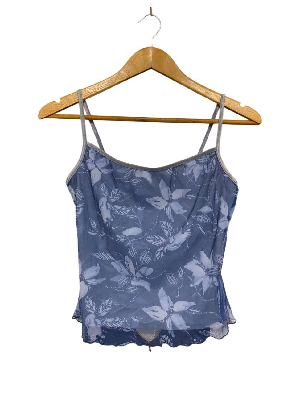 THEONIS |S| BUST 15| A21| BLUE FLORAL SHEER MESH CAMI TOP WITH LETTUCE TRIM AND SPAGHETTI STRAPS