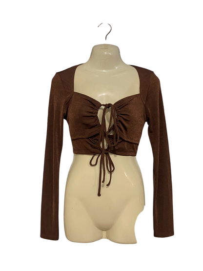 H&M |S| BUST 15| A21| BROWN LONG SLEEVE CROP TOP WITH FRONT TIE-UP AND RUCHED CUT-OUT