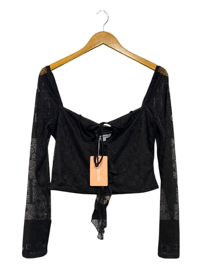 THATSSOFETCH |M| BUST 17| A21| THAT'S SO FETCH BLACK LACE LONG SLEEVE CROP TOP WITH FRONT TIE AND SQUARE