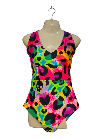 EXOTICA |L| BUST 15| A21| NEON MULTICOLOR SKULL AND LEOPARD PRINT ONE-PIECE SWIMSUIT V-NECK BODYSUIT