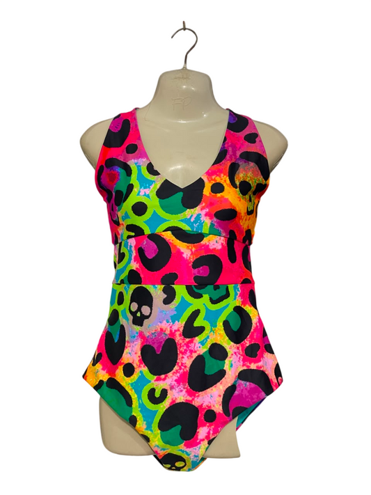 EXOTICA |L| BUST 15| A21| NEON MULTICOLOR SKULL AND LEOPARD PRINT ONE-PIECE SWIMSUIT V-NECK BODYSUIT