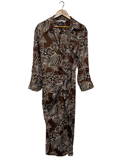 ZARA |XL| BUST 20| A21| BROWN AND CREAM FLORAL SWIRL PRINT LONG SLEEVE WRAP MIDI DRESS WITH COLLAR