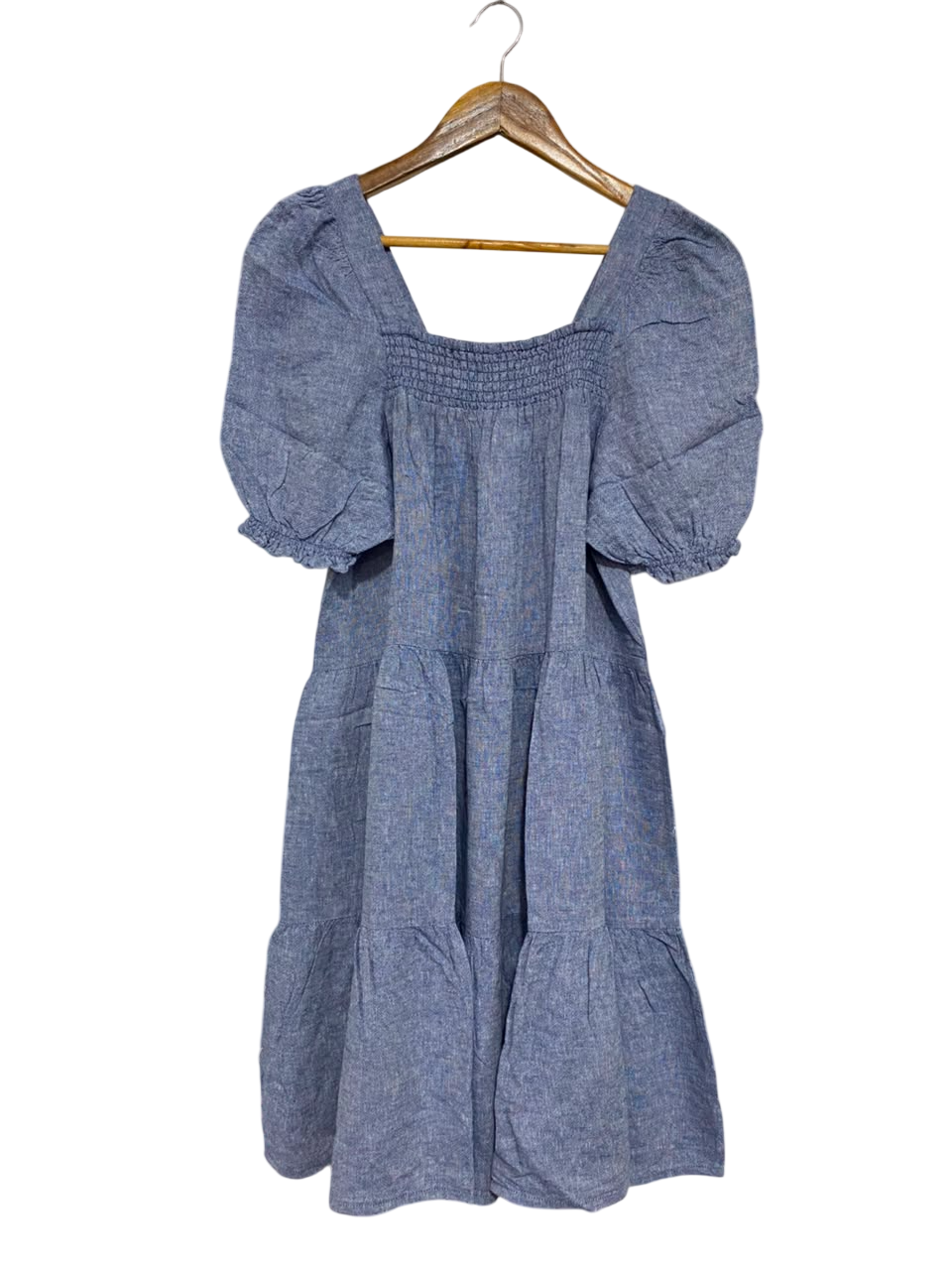 F&F |S| BUST 17| A21| BLUE SMOCKED SQUARE NECK TIERED MIDI DRESS WITH SHORT PUFF SLEEVES