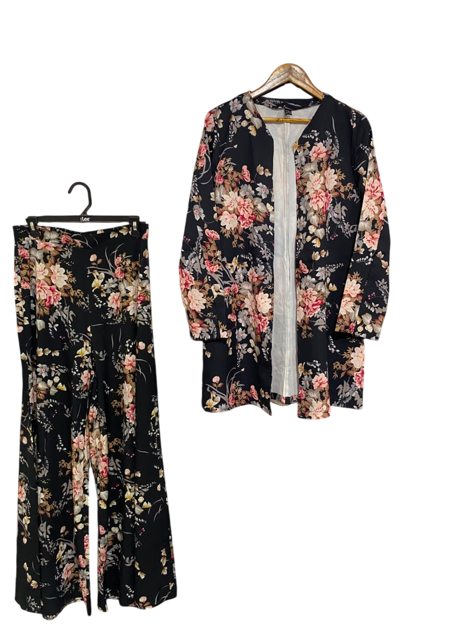 SHEIN |L| A21| BLACK FLORAL OPEN FRONT LONG CARDIGAN AND WIDE-LEG PANTS TWO-PIECE MATCHING CO-ORD SET