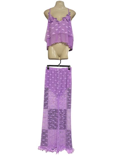 |M| A21| LAVENDER HEART PATTERN SHEER CAMI TOP AND MATCHING LONG SKIRT TWO-PIECE SET WITH RUFFLE ACCENTS
