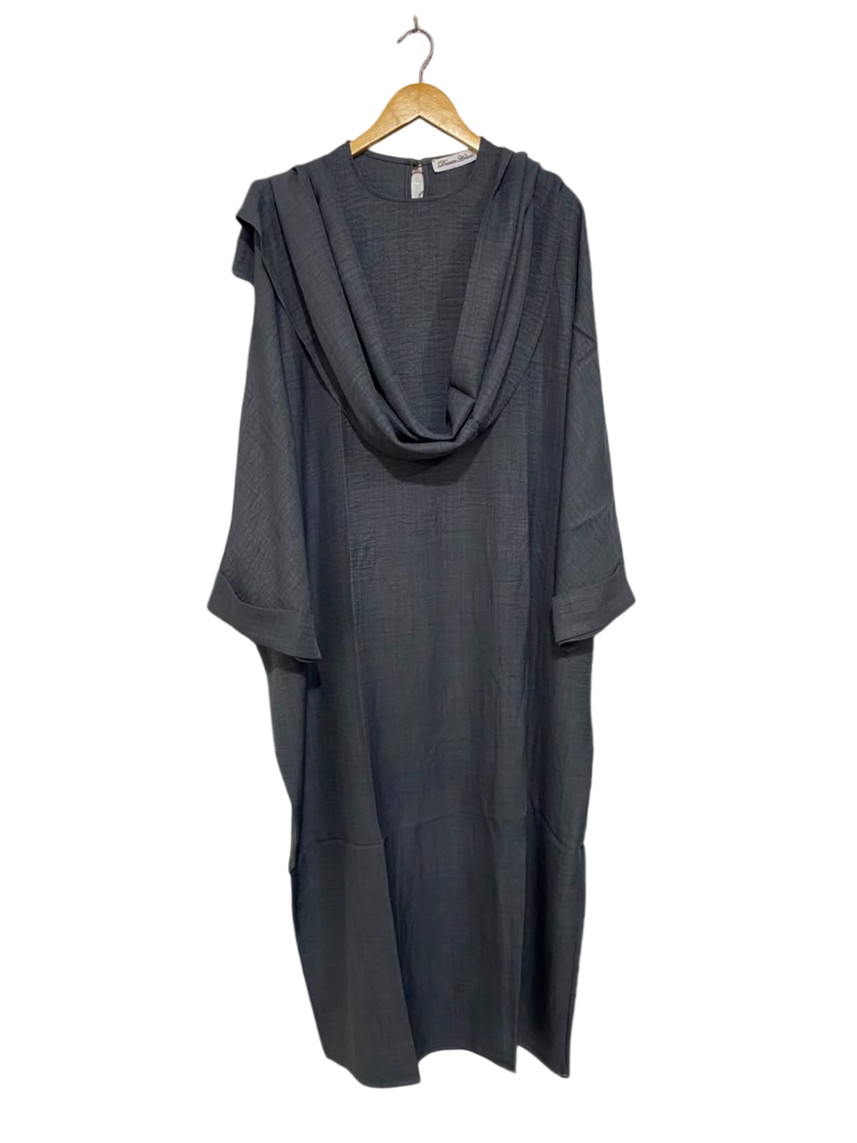 DREAM HOUSE |M| BUST FREE| A22| DARK GREY DRAPED COWL NECK KAFTAN MIDI DRESS OVERSIZED RELAXED FIT LONG SLEEVE MAXI DRESS