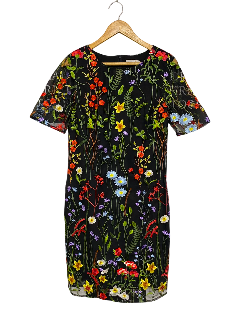M&S |M| BUST 17| A22| BLACK MESH SHORT SLEEVE SHEATH DRESS WITH MULTICOLOR FLORAL EMBROIDERY AND VIBRANT BOTANICAL ACCENTS