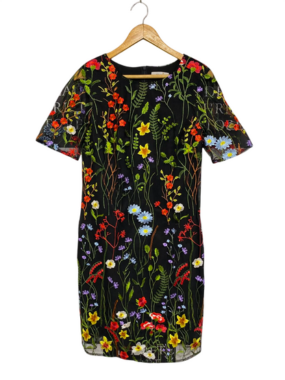 M&S |M| BUST 17| A22| BLACK MESH SHORT SLEEVE SHEATH DRESS WITH MULTICOLOR FLORAL EMBROIDERY AND VIBRANT BOTANICAL ACCENTS