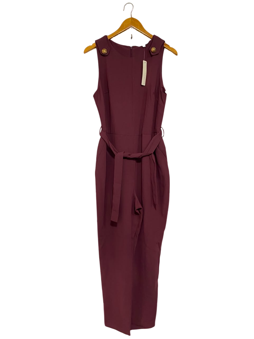 REDHERRING |M| BUST 18| A22| ELEGANT BURGUNDY SLEEVELESS WIDE-LEG JUMPSUIT WITH GOLD BUTTON SHOULDER ACCENTS AND TIE BELT