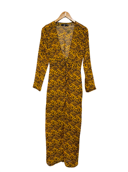 MISSGUIDED |S| BUST 17 | A22 |LEOPARD ANIMAL PRINT LONG SLEEVE V-NECK MAXI DRESS WITH FRONT TIE DETAIL | A22|