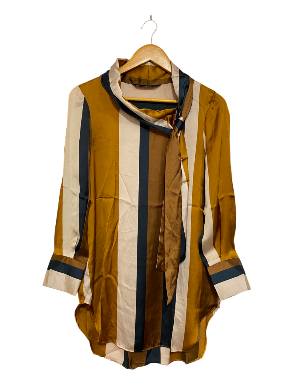 ZARA BASIC |XS| BUST 17| A22| STRIPED SATIN TUNIC BLOUSE WITH TIE NECK LONG SLEEVE CURVED HEM SHIRT TOP