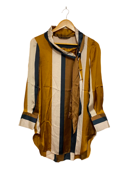 ZARA BASIC |XS| BUST 17| A22| STRIPED SATIN TUNIC BLOUSE WITH TIE NECK LONG SLEEVE CURVED HEM SHIRT TOP