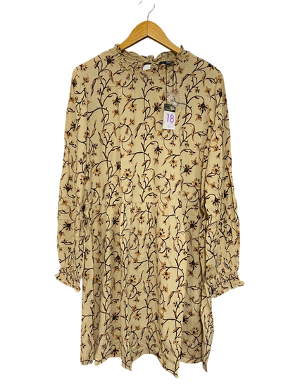 PRIMARK |XL| BUST 23| A22| BEIGE FLORAL LONG SLEEVE RUFFLE NECK MINI DRESS