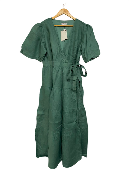 AERE |L| BUST 20| A22| SAGE GREEN WRAP MIDI DRESS WITH PUFF SLEEVES AND TIRED SKIRT