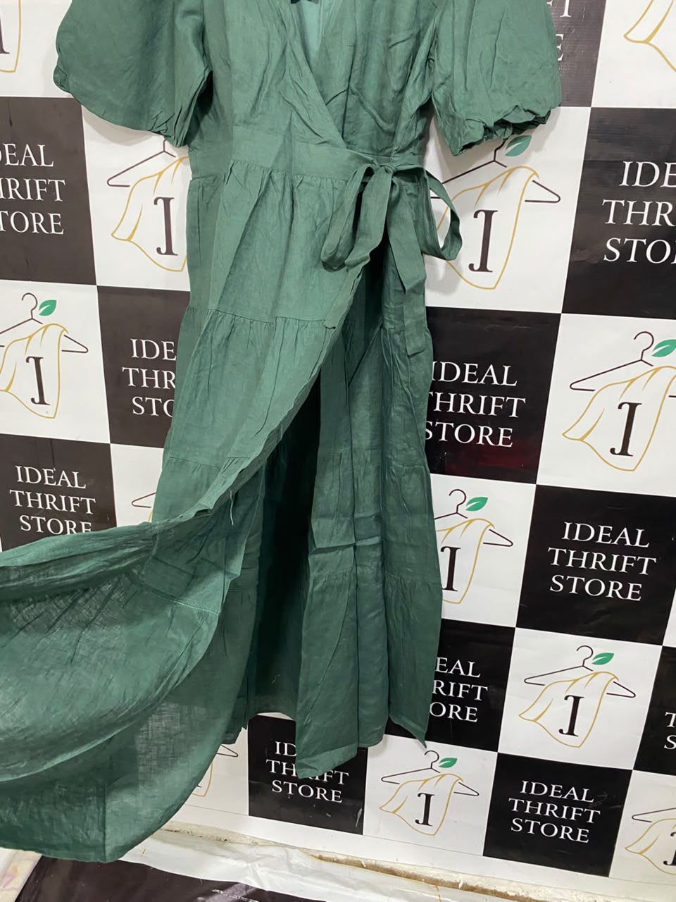 AERE |L| BUST 20| A22| SAGE GREEN WRAP MIDI DRESS WITH PUFF SLEEVES AND TIRED SKIRT