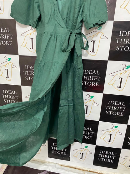 AERE |L| BUST 20| A22| SAGE GREEN WRAP MIDI DRESS WITH PUFF SLEEVES AND TIRED SKIRT