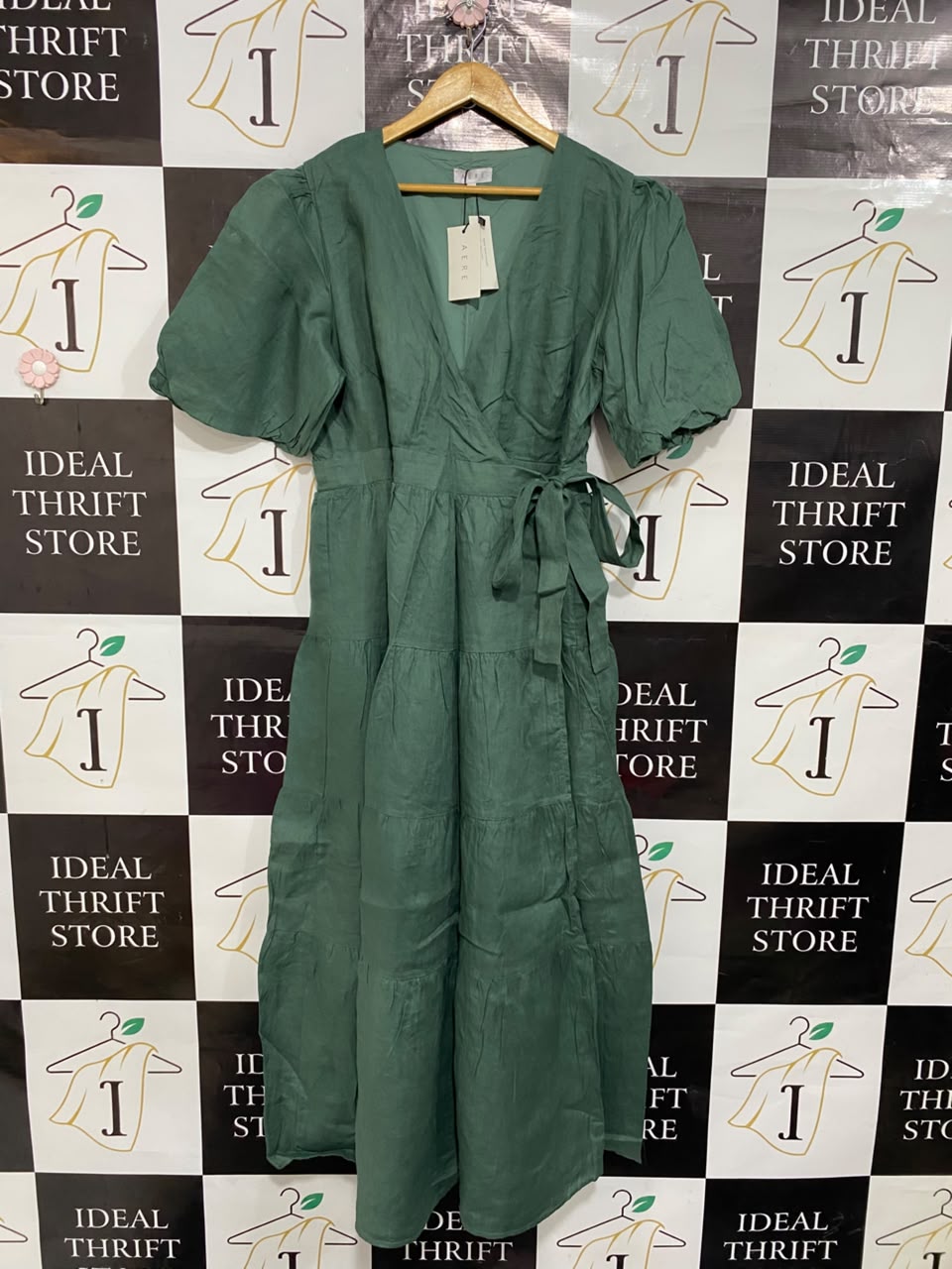 AERE |L| BUST 20| A22| SAGE GREEN WRAP MIDI DRESS WITH PUFF SLEEVES AND TIRED SKIRT