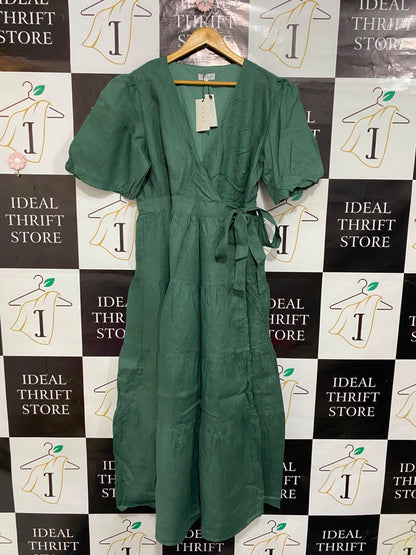 AERE |L| BUST 20| A22| SAGE GREEN WRAP MIDI DRESS WITH PUFF SLEEVES AND TIRED SKIRT