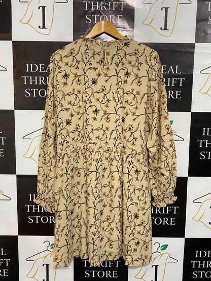 PRIMARK |XL| BUST 23| A22| BEIGE FLORAL LONG SLEEVE RUFFLE NECK MINI DRESS