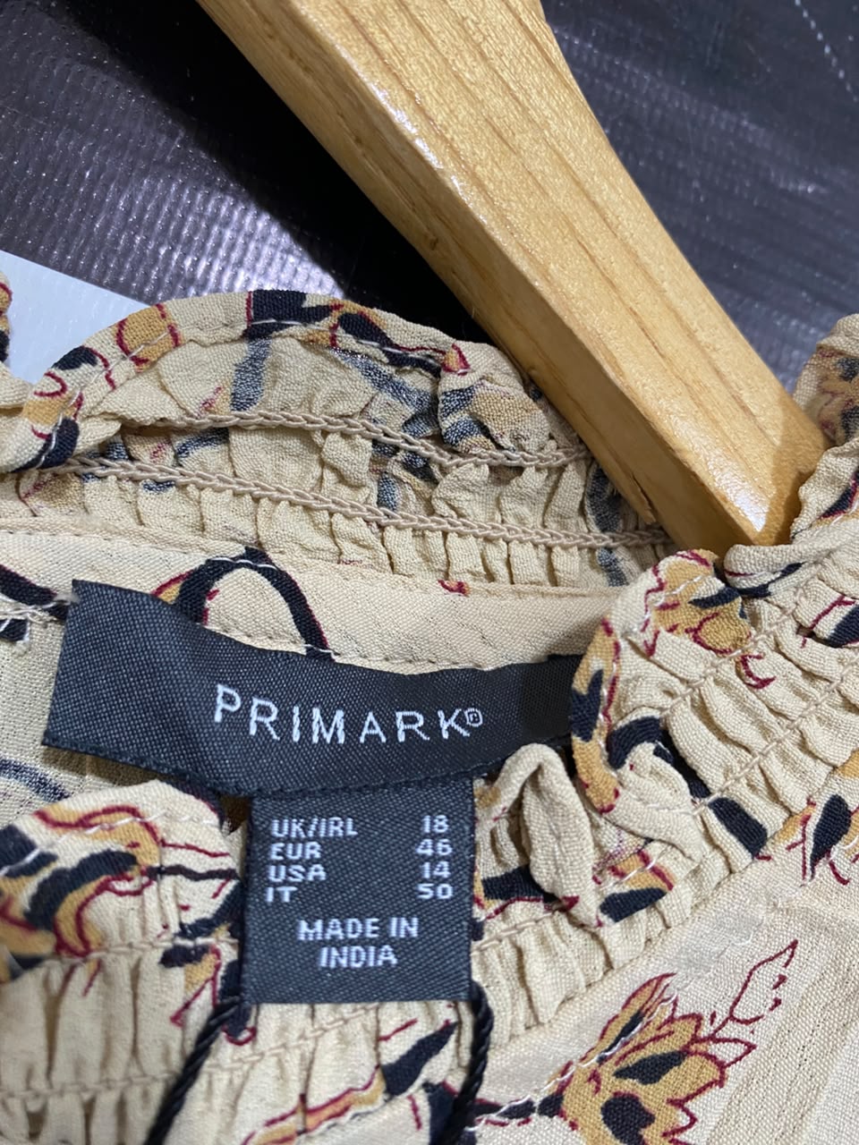 PRIMARK |XL| BUST 23| A22| BEIGE FLORAL LONG SLEEVE RUFFLE NECK MINI DRESS