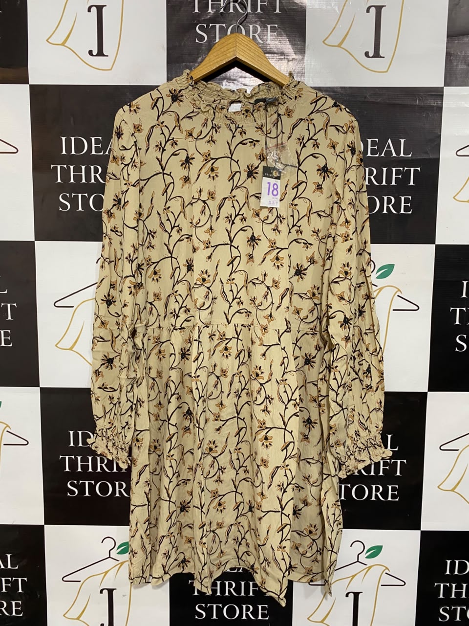 PRIMARK |XL| BUST 23| A22| BEIGE FLORAL LONG SLEEVE RUFFLE NECK MINI DRESS