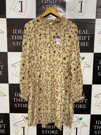 PRIMARK |XL| BUST 23| A22| BEIGE FLORAL LONG SLEEVE RUFFLE NECK MINI DRESS