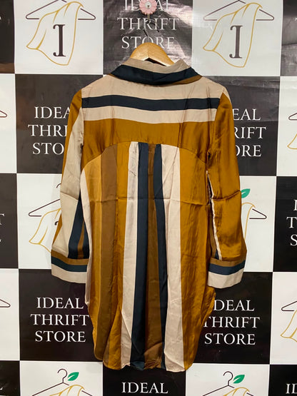 ZARA BASIC |XS| BUST 17| A22| STRIPED SATIN TUNIC BLOUSE WITH TIE NECK LONG SLEEVE CURVED HEM SHIRT TOP