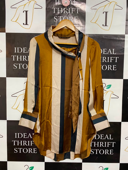ZARA BASIC |XS| BUST 17| A22| STRIPED SATIN TUNIC BLOUSE WITH TIE NECK LONG SLEEVE CURVED HEM SHIRT TOP